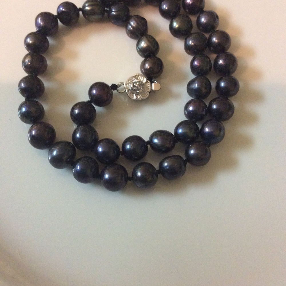 Sterling Silver Black iridescence Pearl Necklace 925 - Picture 4 of 12